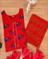 Red Coloured Cotton Block Print Kurti Set